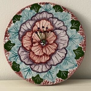 Vintage Hand Painted Redware Floral Round Tile Cork Trivet Wall Decor